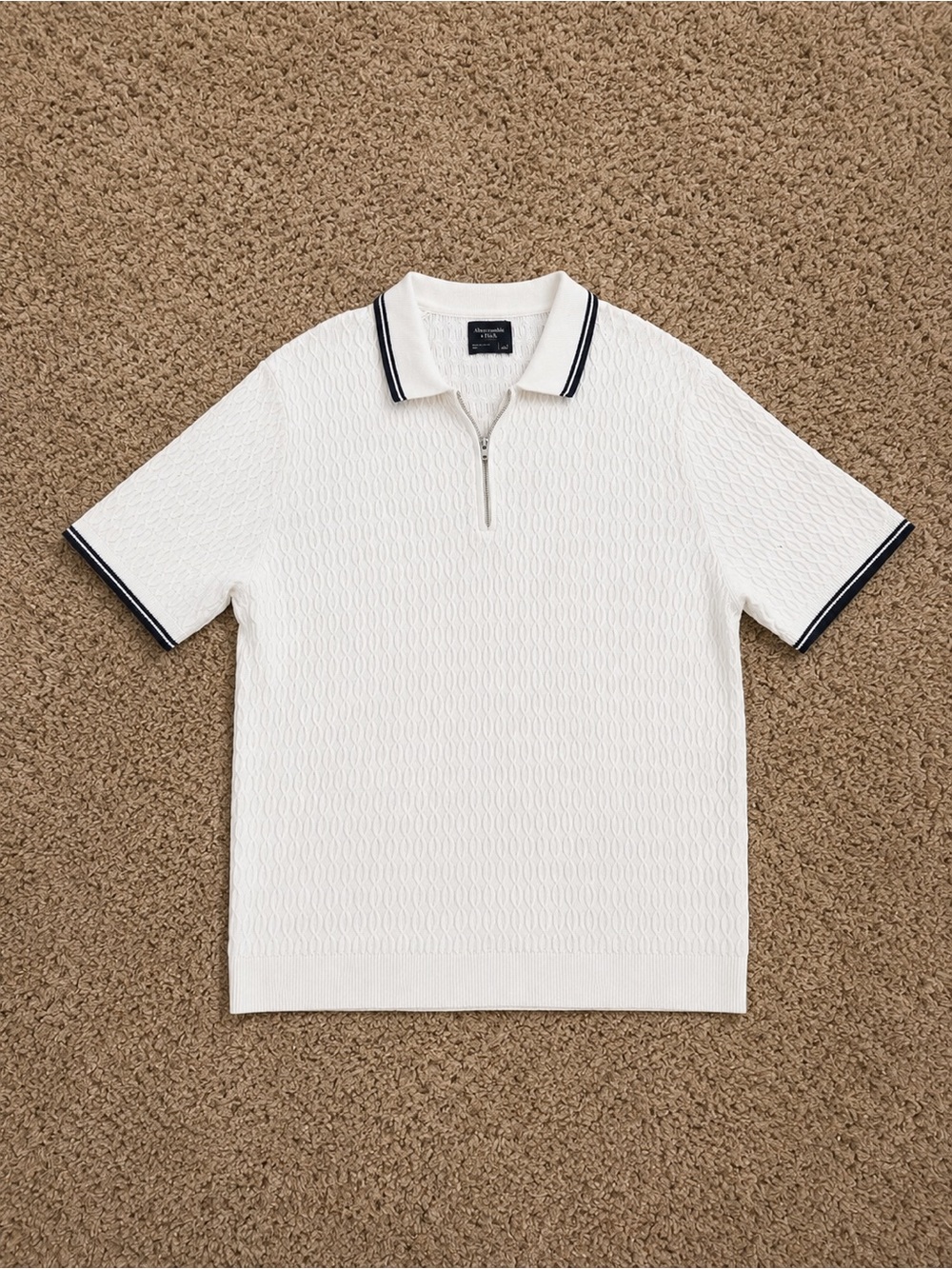 Abercrombie & Fitch White Short-Sleeve Polo with Navy Trim and Zip